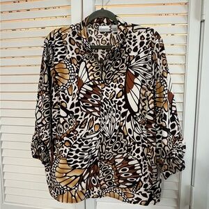 Zenergy by Chicos Brown Butterfly Print Women's Zip up Jacket Blouse